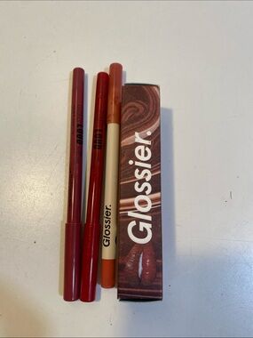 Glossier Hot Cocoa Balm in Deep Red-Brown Shade and 3 Lip  Pencil Bundle
